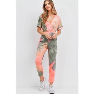Jumpsuit One Piece Coral Olive Tie Dye V-Neck Gathered Waist Size Large